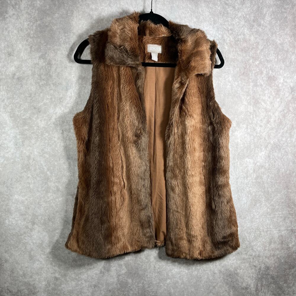 Chico's‎ Faux Fur Vest Jacket Womens Size 0 US 4 Brown Open Front Penny Lane